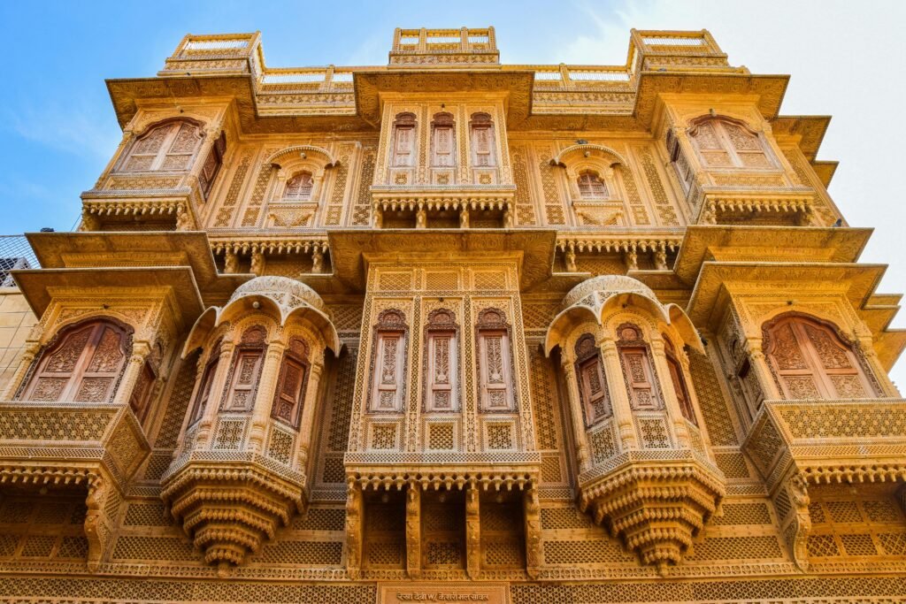 Detailed sandstone carvings of the five interconnected Patwon Ki Havelis