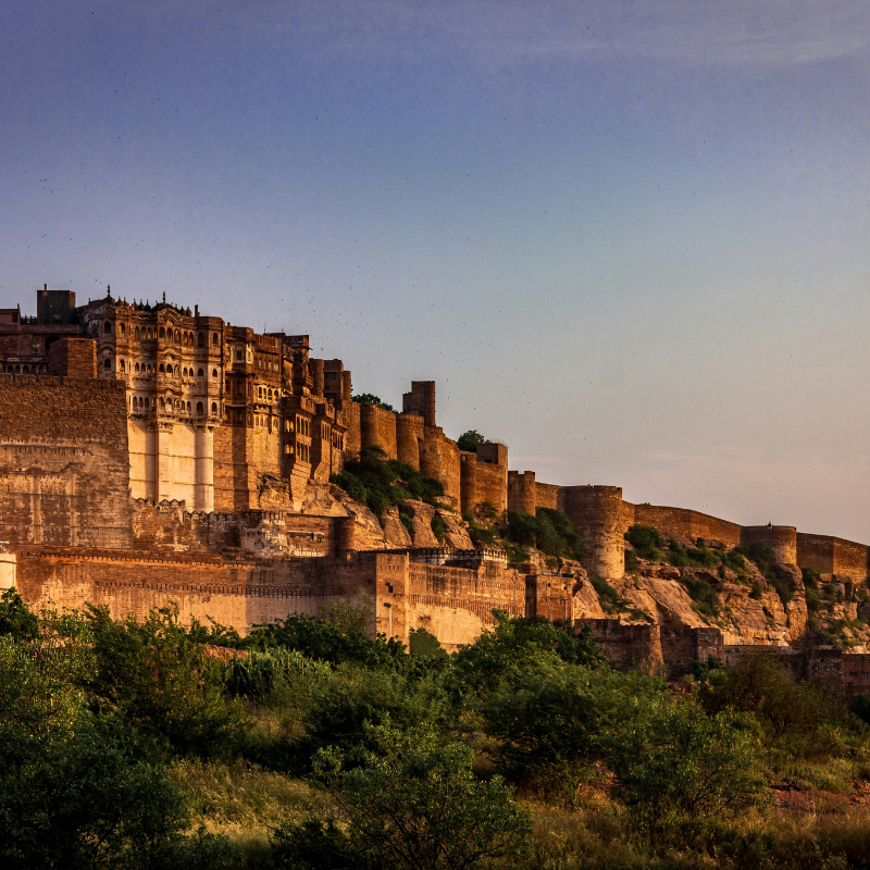 The massive Mehrangarh Fort perched on a perpendicular cliff in Jodhpur