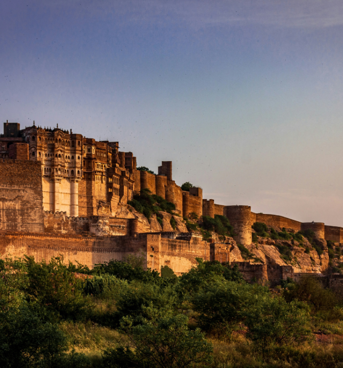The massive Mehrangarh Fort perched on a perpendicular cliff in Jodhpur